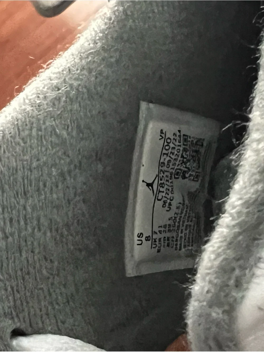 Jordan Grey & White Sneaker Interior with Size Tag